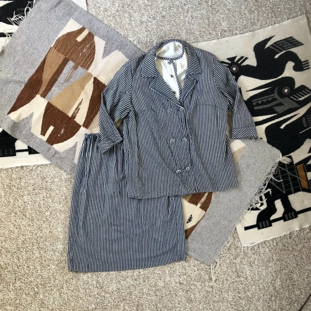 80s Navy Candy Stripe Three Piece Skirt Suit 2XL